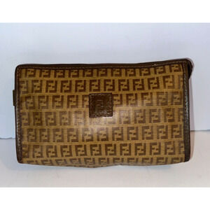 FENDI Zucca Clutch Bag Zucchino Purse pouch PVC FF Vintage Brown Authentic